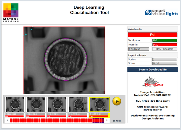 Matrox Design Assistant interface showcasing deep learning classification tool